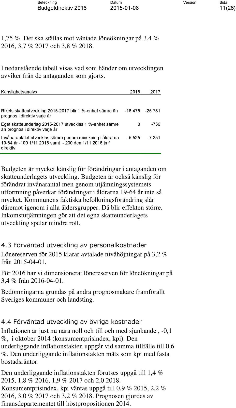 år Invånarantalet utvecklas sämre genom minskning i åldrarna 19-64 år -100 1/11 2015 samt - 200 den 1/11 2016 jmf direktiv -16 475-25 781 0-756 -5 525-7 251 Budgeten är mycket känslig för