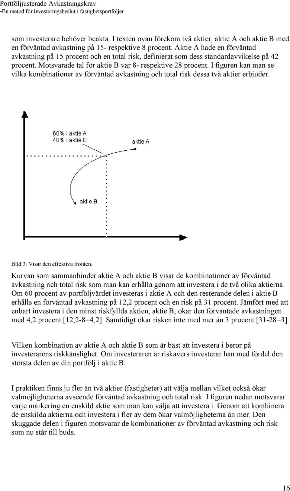 I figuren kan man se vilka kombinationer av förväntad avkastning och total risk dessa två aktier erbjuder. Bild 3. Visar den effektiva fronten.