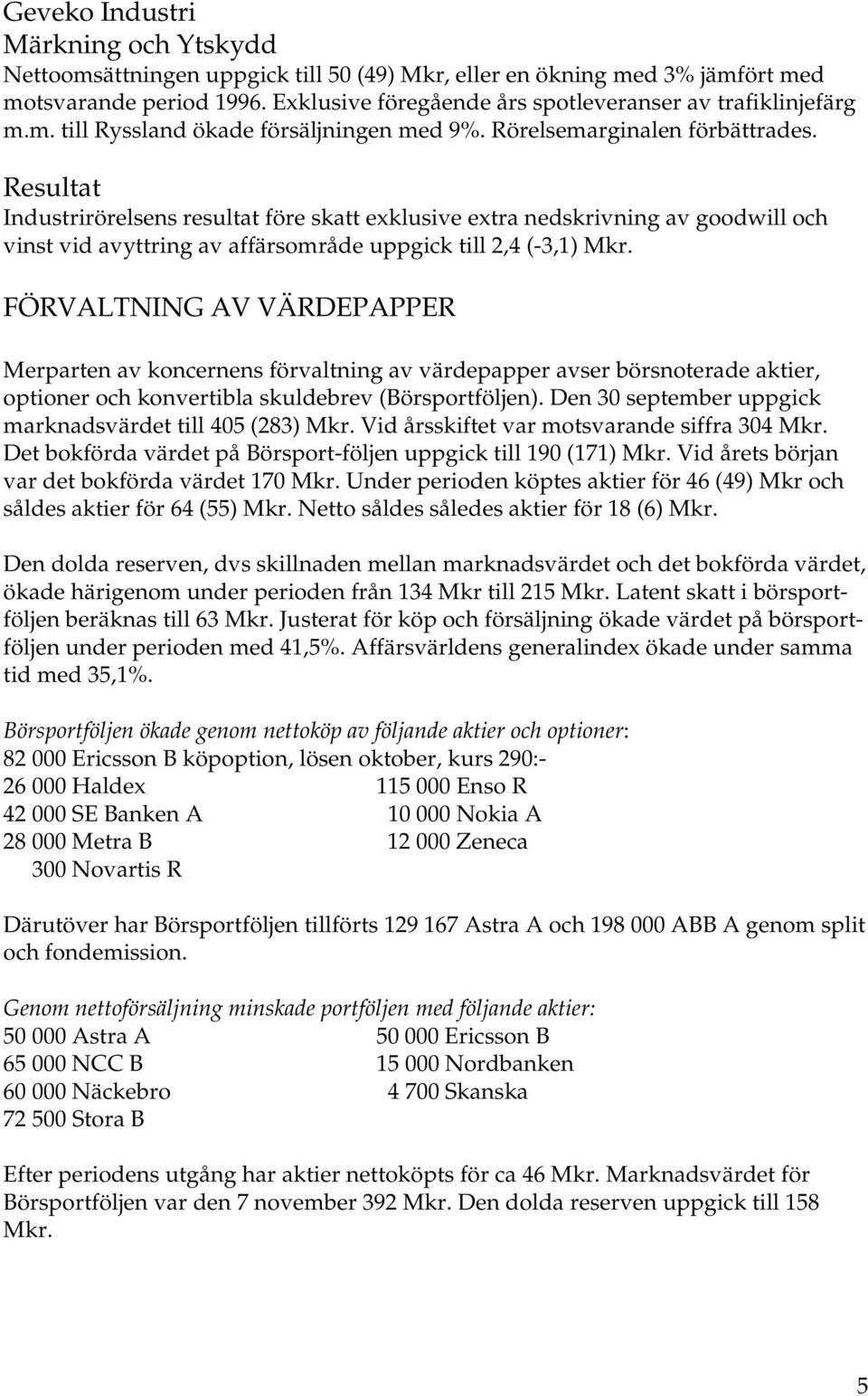 Resultat Industrirörelsens resultat före skatt exklusive extra nedskrivning av goodwill och vinst vid avyttring av affärsområde uppgick till 2,4 (-3,1) Mkr.