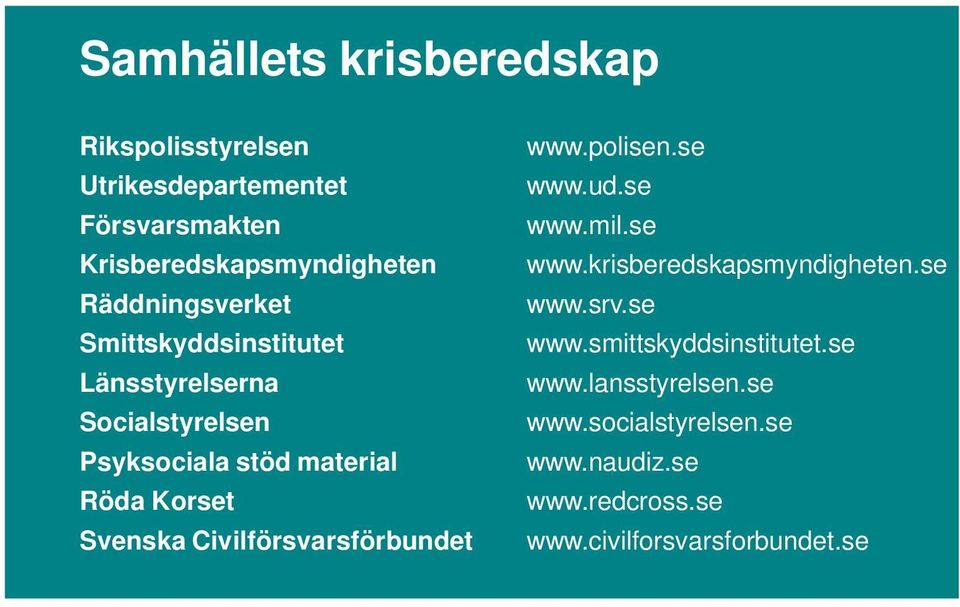 Svenska Civilförsvarsförbundet www.polisen.se www.ud.se www.mil.se www.krisberedskapsmyndigheten.se www.srv.se www.smittskyddsinstitutet.