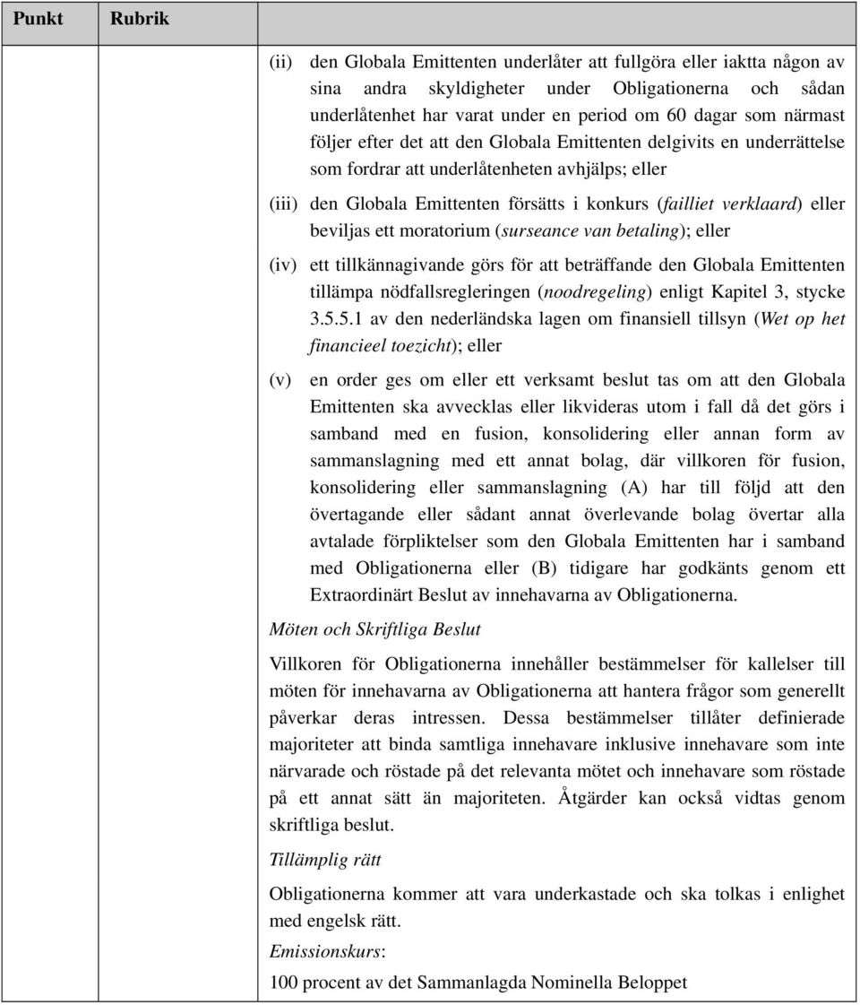 moratorium (surseance van betaling); eller (iv) ett tillkännagivande görs för att beträffande den Globala Emittenten tillämpa nödfallsregleringen (noodregeling) enligt Kapitel 3, stycke 3.5.