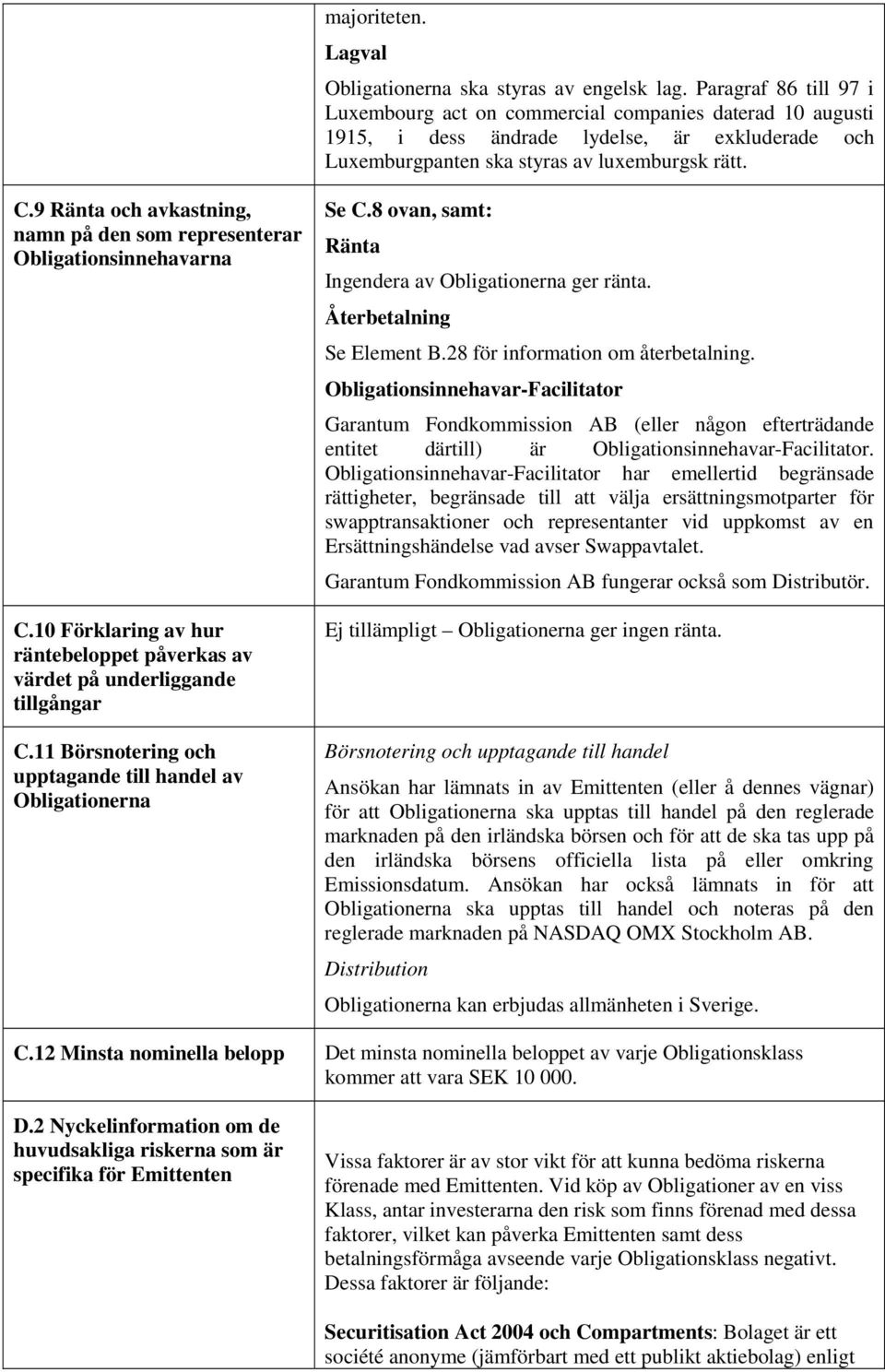 9 Ränta och avkastning, namn på den som representerar Obligationsinnehavarna C.10 Förklaring av hur räntebeloppet påverkas av värdet på underliggande tillgångar C.