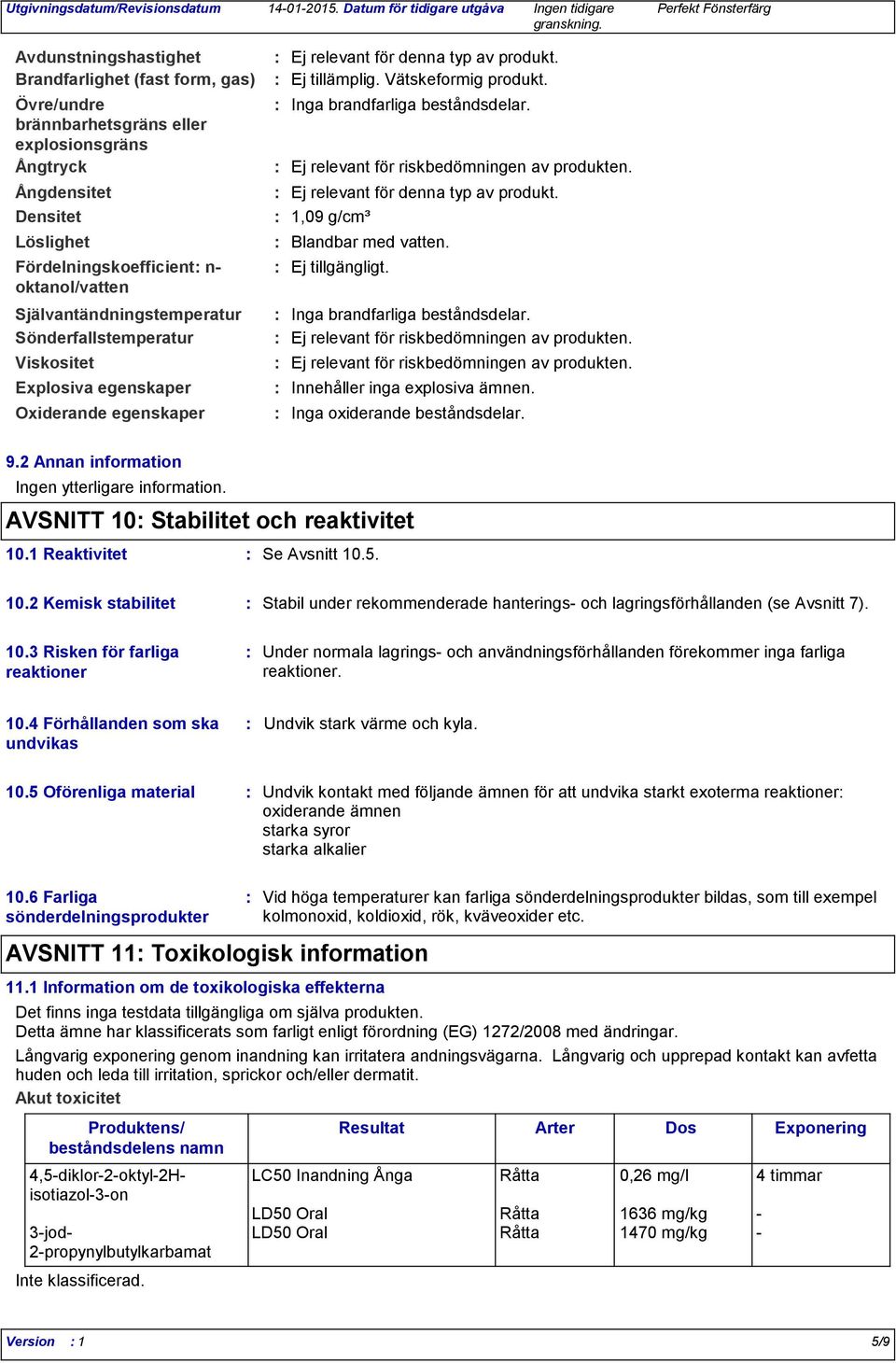 Inga brandfarliga beståndsdelar. Ej relevant för denna typ av produkt. 1,09 g/cm³ Blandbar med vatten. Ej tillgängligt. Inga brandfarliga beståndsdelar. Innehåller inga explosiva ämnen.