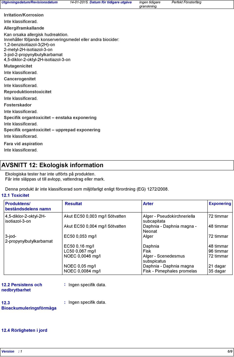 Reproduktionstoxicitet Fosterskador Specifik organtoxicitet enstaka exponering Specifik organtoxicitet upprepad exponering Fara vid aspiration AVSNITT 12 Ekologisk information Ekologiska tester har