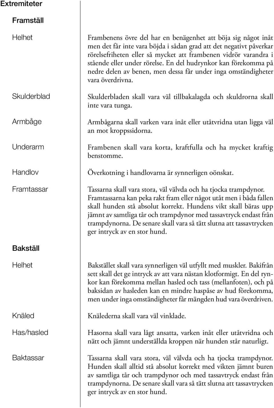 En del hudrynkor kan förekomma på nedre delen av benen, men dessa får under inga omständigheter vara överdrivna. Skulderbladen skall vara väl tillbakalagda och skuldrorna skall inte vara tunga.