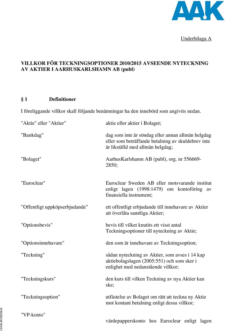 "Aktie" eller "Aktier" "Bankdag" aktie eller aktier i Bolaget; dag som inte är söndag eller annan allmän helgdag eller som beträffande betalning av skuldebrev inte är likställd med allmän helgdag;