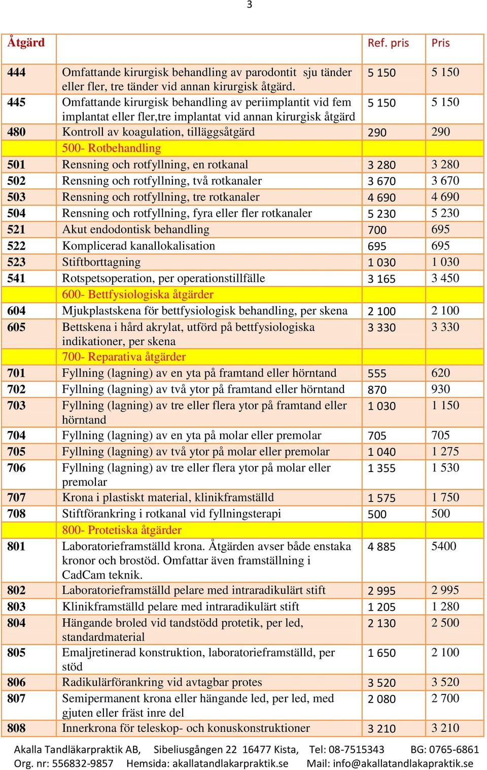 Rotbehandling 501 Rensning och rotfyllning, en rotkanal 3 280 3 280 502 Rensning och rotfyllning, två rotkanaler 3 670 3 670 503 Rensning och rotfyllning, tre rotkanaler 4 690 4 690 504 Rensning och