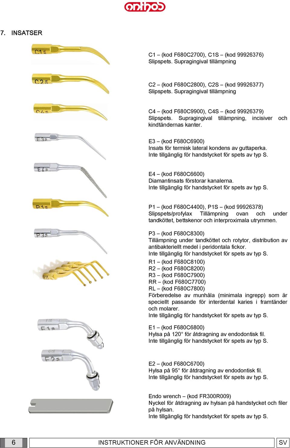 E3 (kod F680C6900) Insats för termisk lateral kondens av guttaperka. E4 (kod F680C6600) Diamantinsats förstorar kanalerna.