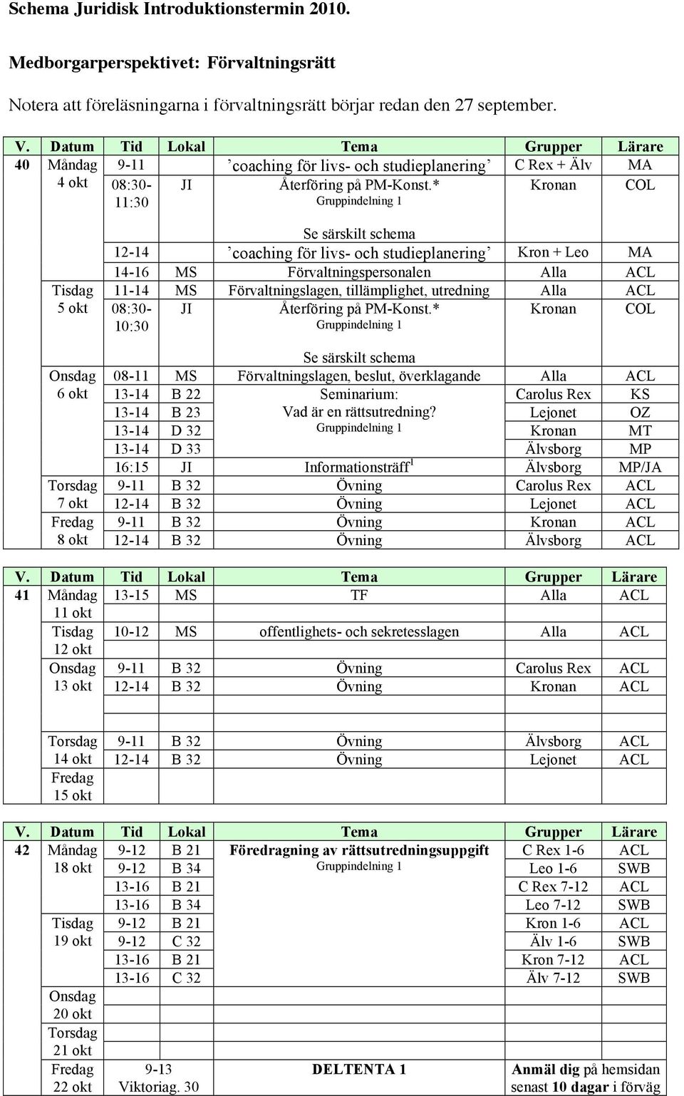 * Gruppindelning 1 Kronan COL Se särskilt 12-14 coaching för livs- och studieplanering Kron + Leo MA 14-16 Förvaltningspersonalen ACL 11-14 Förvaltningslagen, tillämplighet, utredning ACL 5 okt