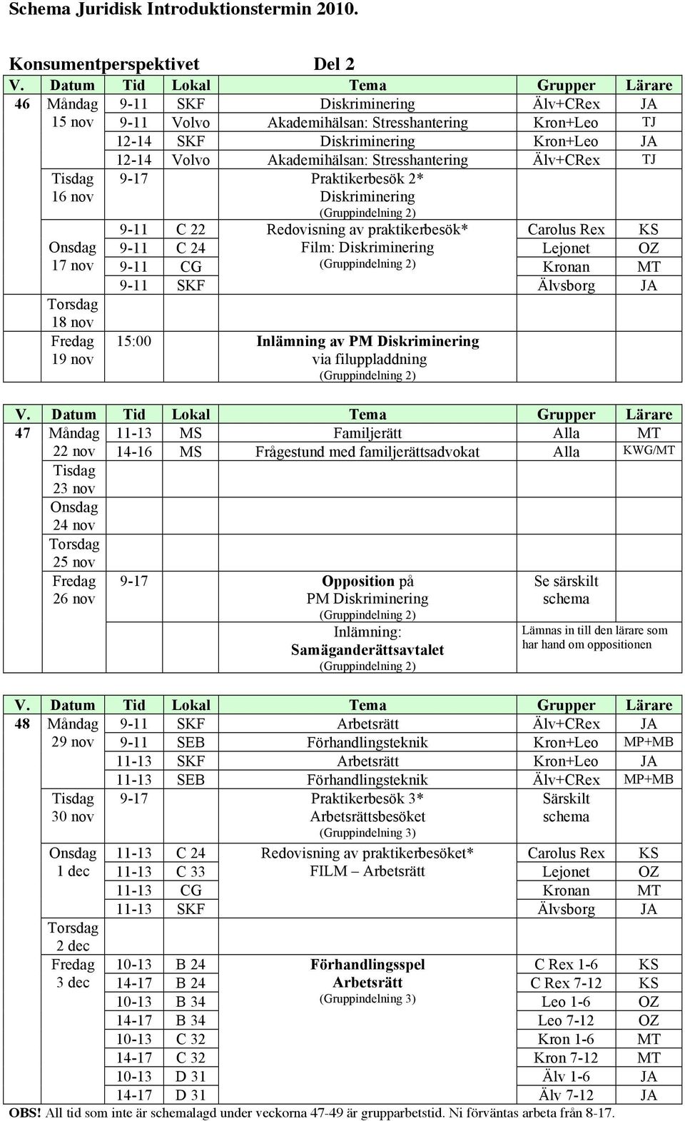 Samäganderättsavtalet (Gruppindelning 2) Lämnas in till den lärare som har hand om oppositionen 48 Måndag 9-11 SKF Arbetsrätt Älv+CRex JA 29 nov 9-11 SEB Förhandlingsteknik Kron+Leo MP+MB 11-13 SKF