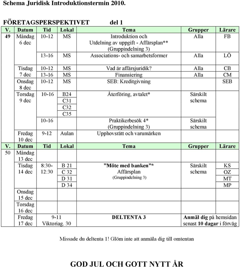 CB 7 dec 13-16 Finansiering CM 10-12 SEB: Kreditgivning SEB 8 dec 9 dec 10-16 B24 C31 C32 Återföring, avtalet* Särskilt C35 10-16 Praktikerbesök 4* (Gruppindelning 3)