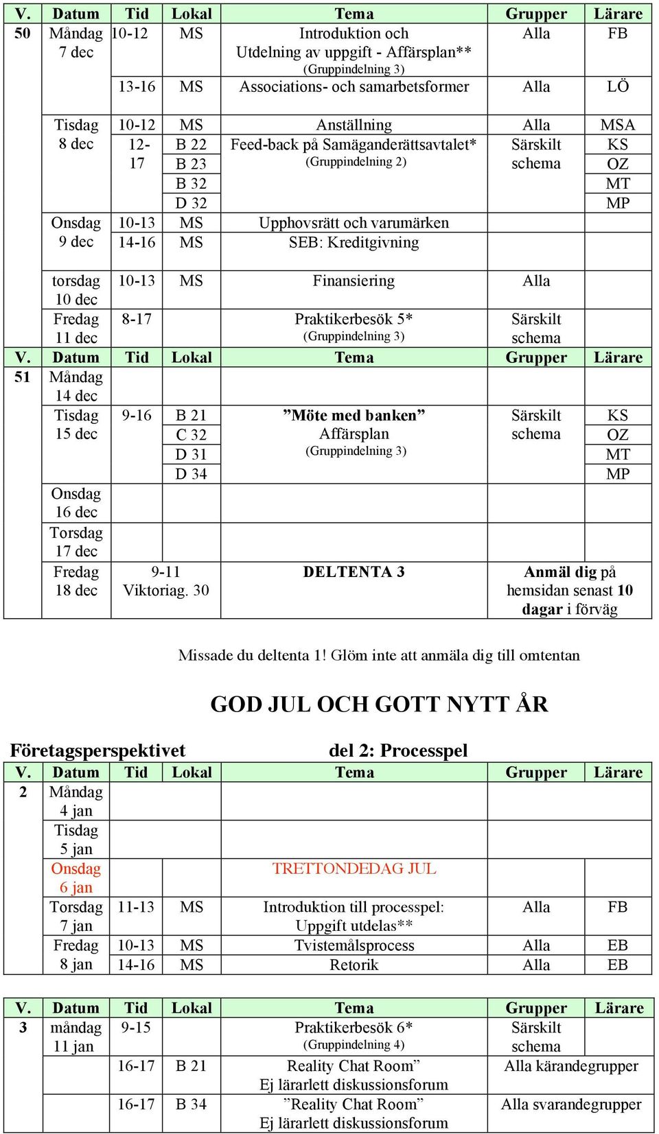 dec 9-16 B 21 Möte med banken KS 15 dec C 32 Affärsplan D 31 (Gruppindelning 3) MT D 34 MP 16 dec 17 dec 9-11 DELTENTA 3 Anmäl dig på 18 dec Viktoriag.