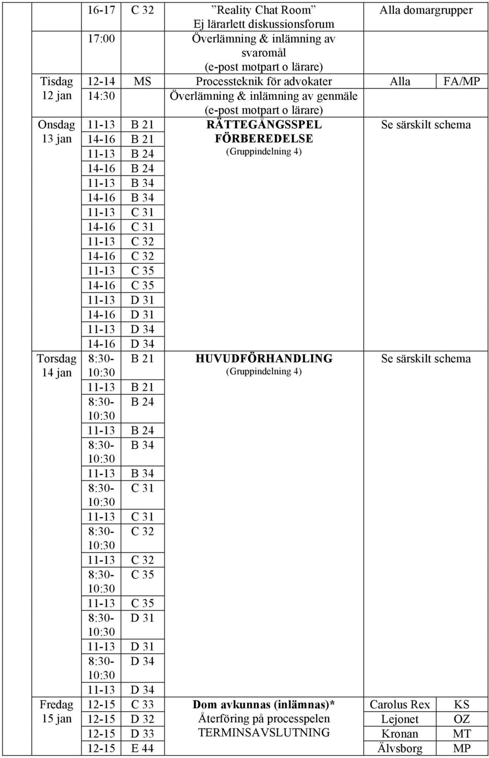 C 31 14-16 C 31 11-13 C 32 14-16 C 32 11-13 C 35 14-16 C 35 11-13 D 31 14-16 D 31 11-13 D 34 14 jan 15 jan 14-16 D 34 8:30- B 21 HUVUDFÖRHANDLING Se särskilt (Gruppindelning 4) 11-13 B 21 8:30- B 24