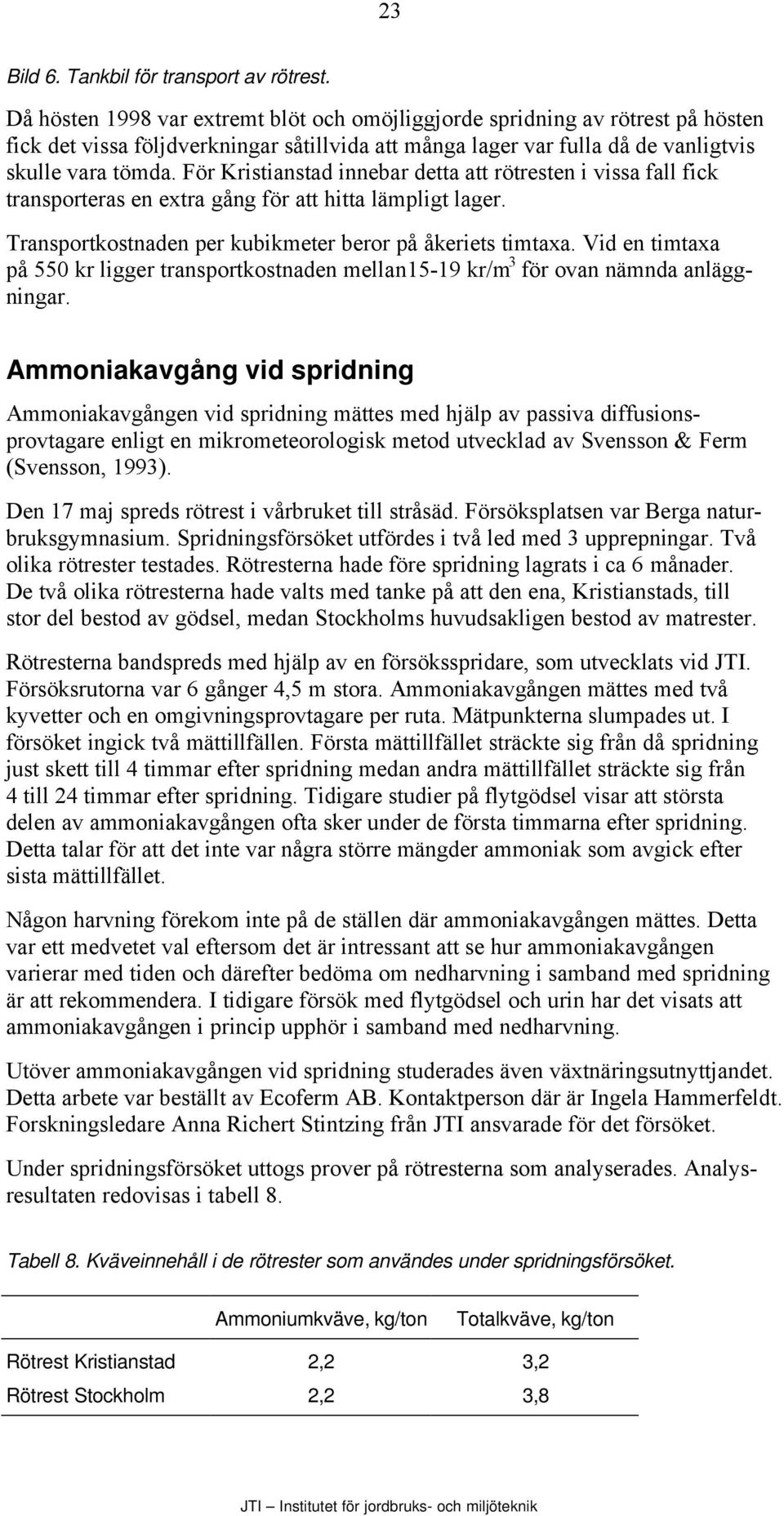 För Kristianstad innebar detta att rötresten i vissa fall fick transporteras en extra gång för att hitta lämpligt lager. Transportkostnaden per kubikmeter beror på åkeriets timtaxa.