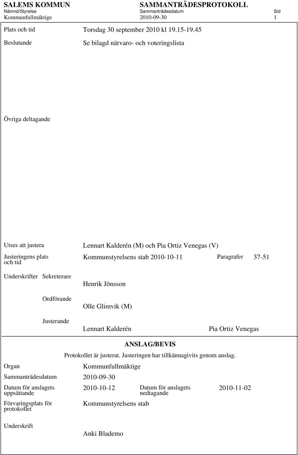 Venegas (V) Kommunstyrelsens stab 2010-10-11 Paragrafer 37-51 Henrik Jönsson Olle Glimvik (M) Justerande Lennart Kalderén Pia Ortiz Venegas ANSLAG/BEVIS Protokollet är justerat.