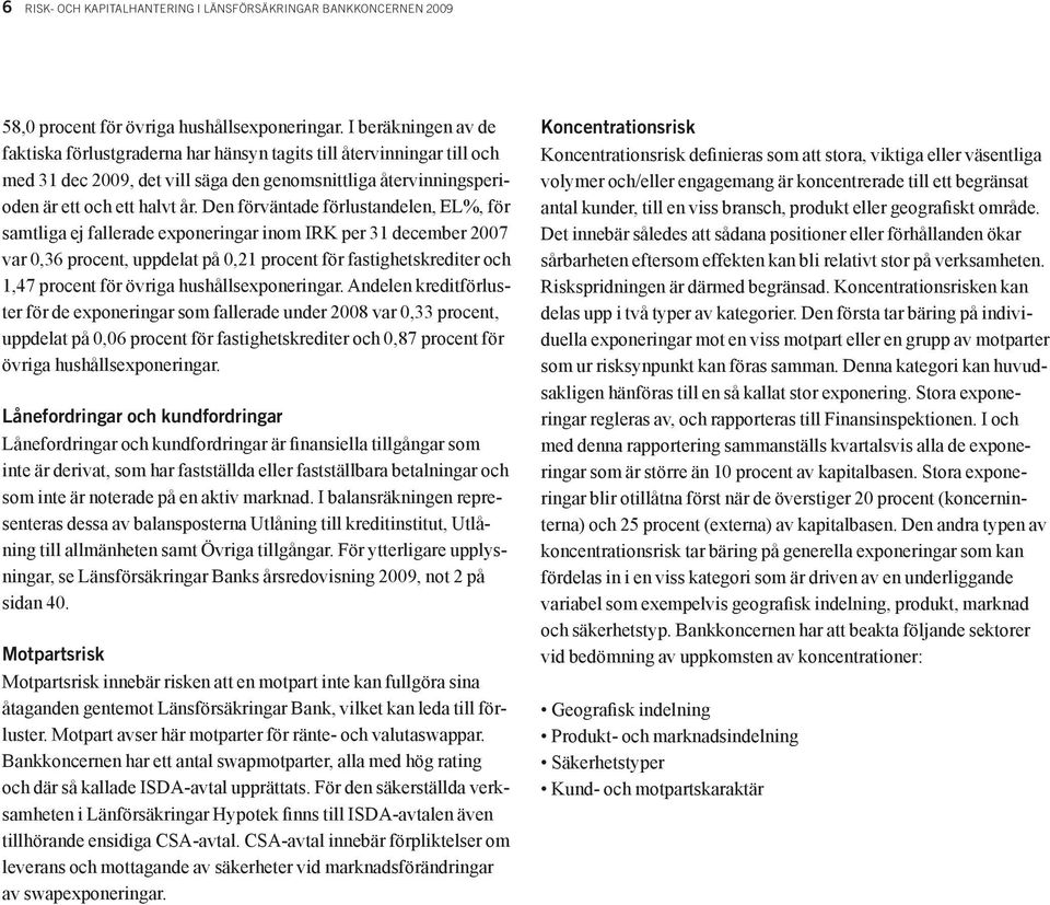 Den förväntade förlustandelen, EL%, för samtliga ej fallerade exponeringar inom IRK per 31 december 2007 var 0,36 procent, uppdelat på 0,21 procent för fastighetskrediter och 1,47 procent för övriga