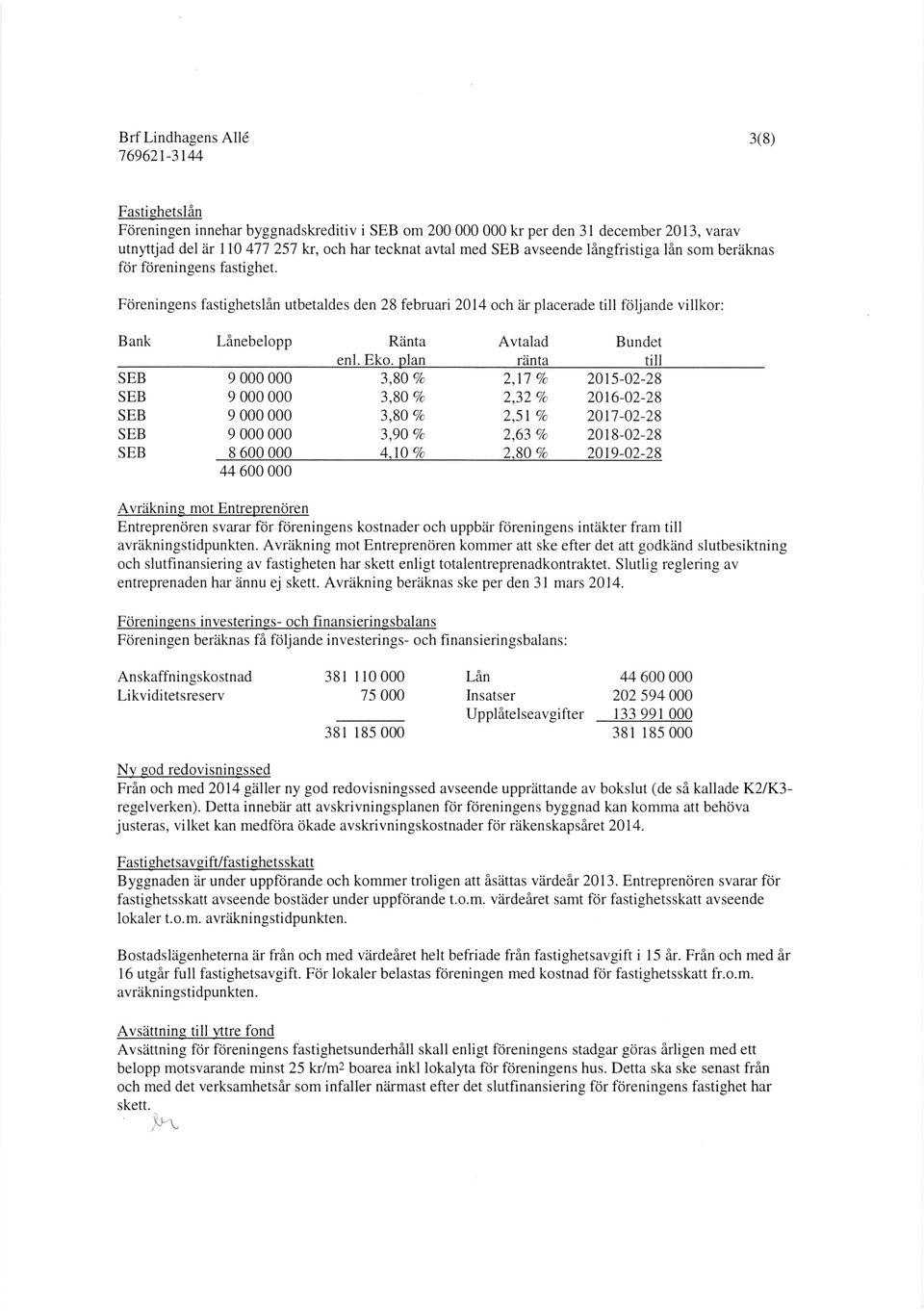 Fdreningens fastighetslin utbetaldes den 28 februari 214 och dr placerade till fciljande villkor: Bank Linebelopp Rdnta Avtalad Bundet enl. Eko.