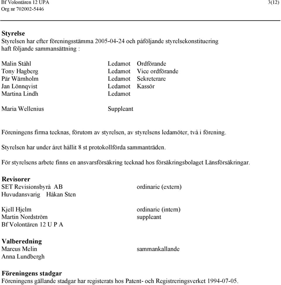 ledamöter, två i förening. Styrelsen har under året hållit 8 st protokollförda sammanträden. För styrelsens arbete finns en ansvarsförsäkring tecknad hos försäkringsbolaget Länsförsäkringar.