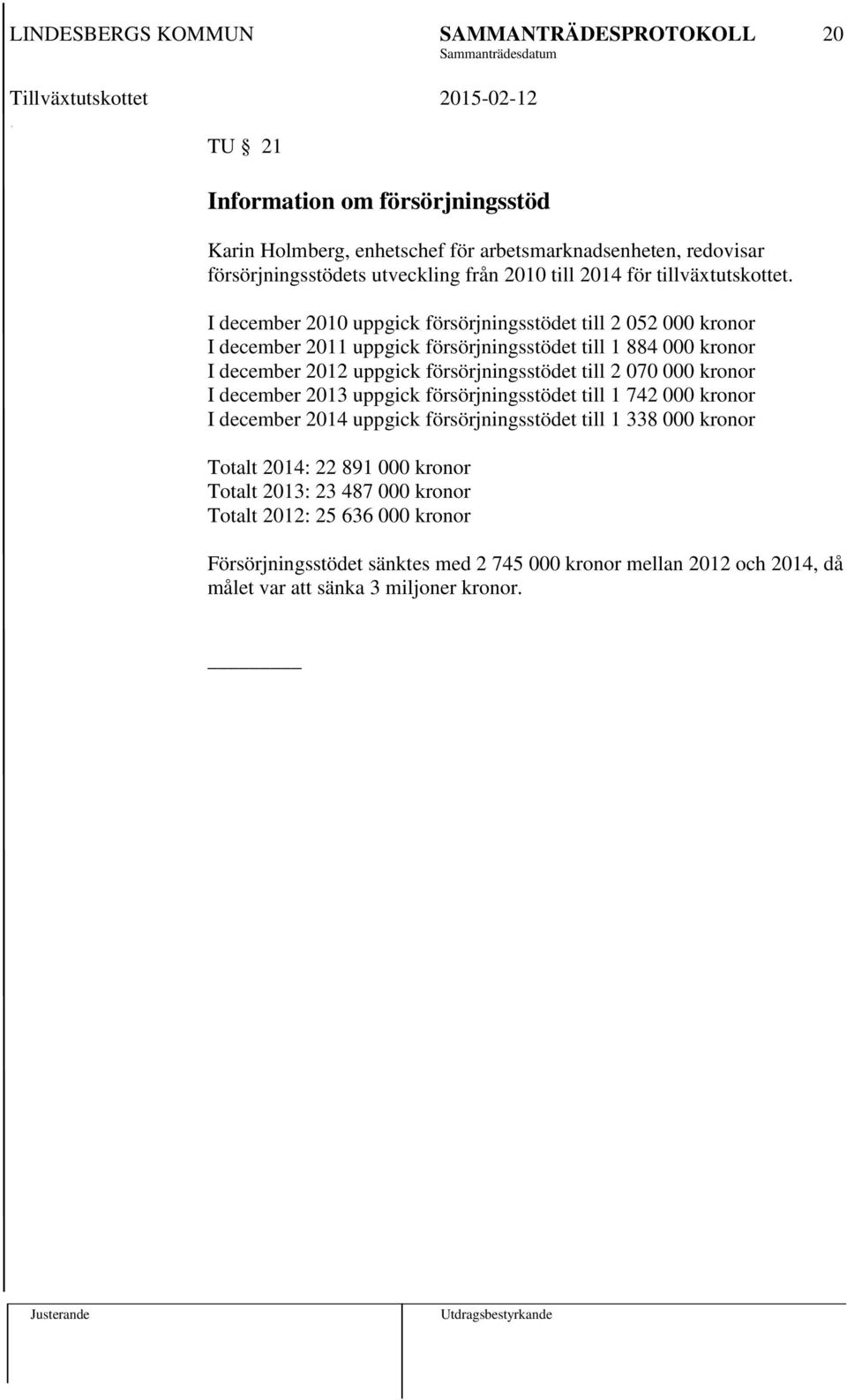 I december 2010 uppgick försörjningsstödet till 2 052 000 kronor I december 2011 uppgick försörjningsstödet till 1 884 000 kronor I december 2012 uppgick försörjningsstödet