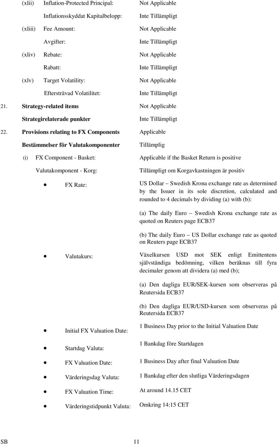 Provisions relating to FX Components Applicable Bestämmelser för Valutakomponenter Tillämplig (i) FX Component - Basket: Applicable if the Basket Return is positive Valutakomponent - Korg: