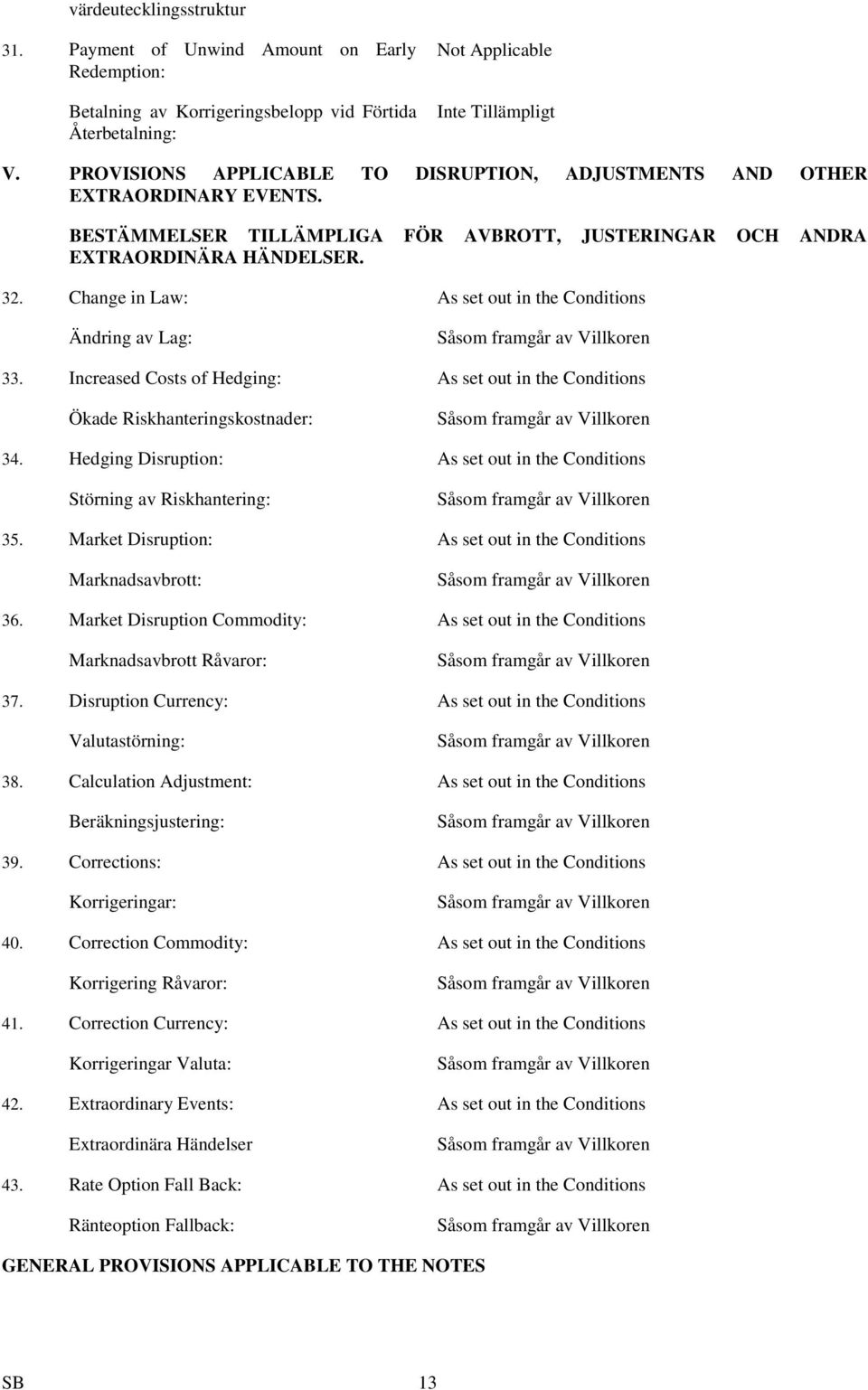 Change in Law: As set out in the Conditions Ändring av Lag: Såsom framgår av Villkoren 33.