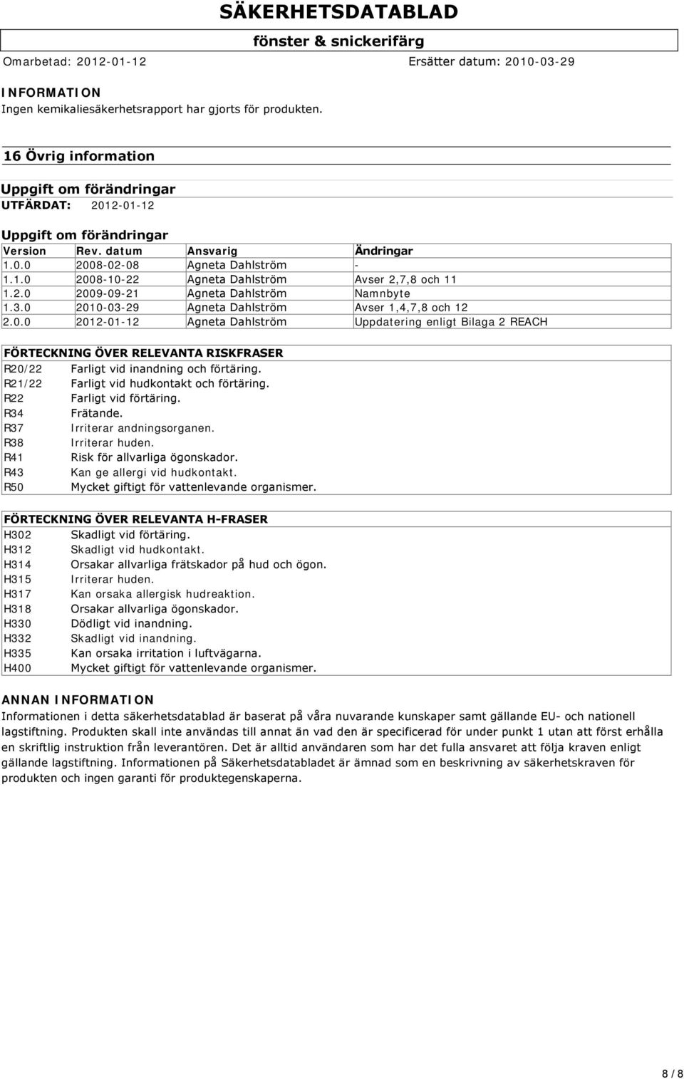 0 2010-03-29 Agneta Dahlström Avser 1,4,7,8 och 12 2.0.0 2012-01-12 Agneta Dahlström Uppdatering enligt Bilaga 2 REACH FÖRTECKNING ÖVER RELEVANTA RISKFRASER R20/22 Farligt vid inandning och förtäring.