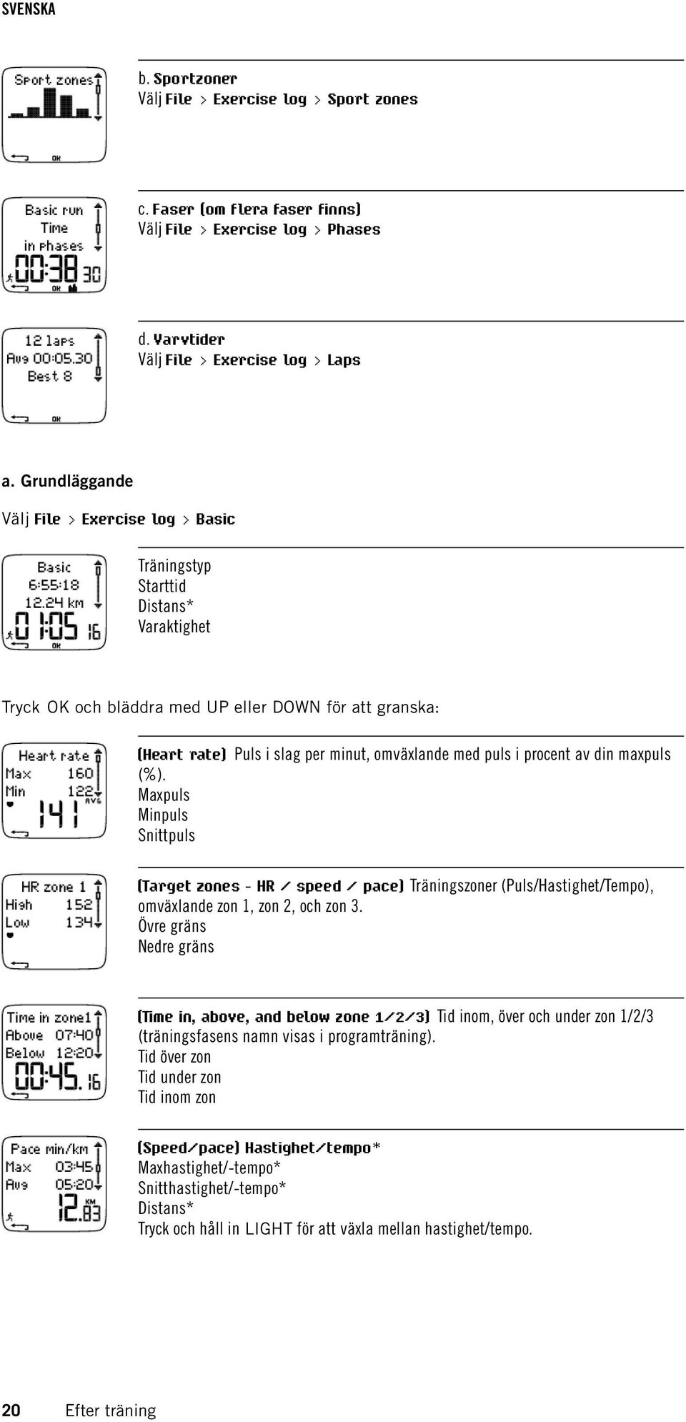 puls i procent av din maxpuls (%). Maxpuls Minpuls Snittpuls (Target zones - HR / speed / pace) Träningszoner (Puls/Hastighet/Tempo), omväxlande zon 1, zon 2, och zon 3.