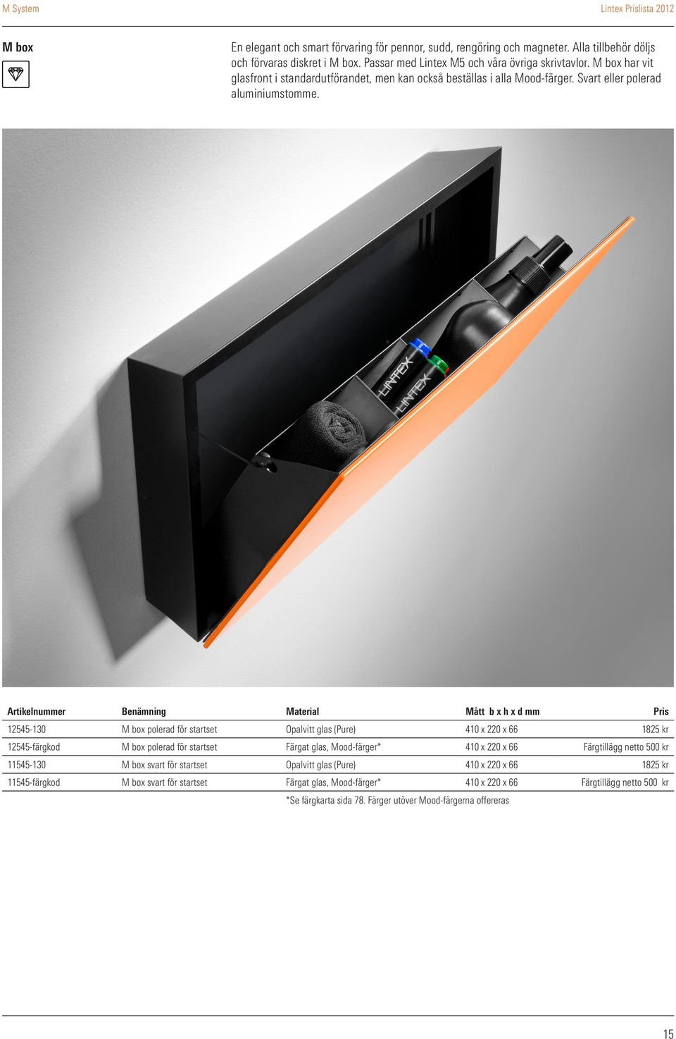Artikelnummer Benämning Material Mått b x h x d mm Pris 12545-130 M box polerad för startset Opalvitt glas (Pure) 410 x 220 x 66 1825 kr 12545-färgkod M box polerad för startset Färgat glas,