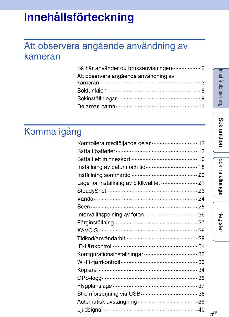 Inställning sommartid 20 Läge för inställning av bildkvalitet 21 SteadyShot 23 Vända 24 Scen 25 Intervallinspelning av foton 26 Färginställning 27 XAVC S 28