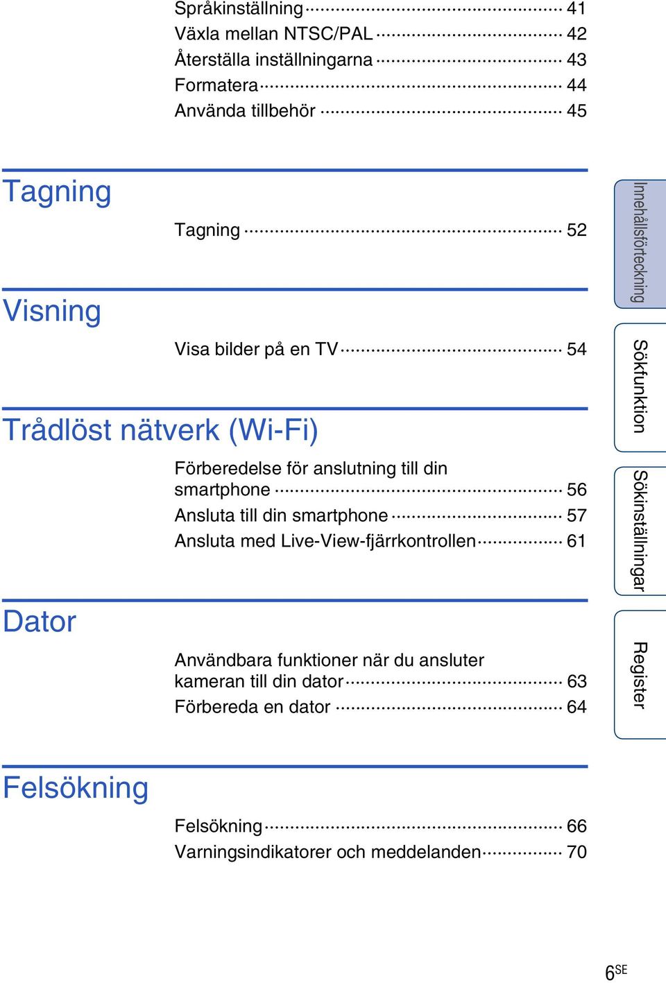 smartphone 56 Ansluta till din smartphone 57 Ansluta med Live-View-fjärrkontrollen 61 Användbara funktioner när du