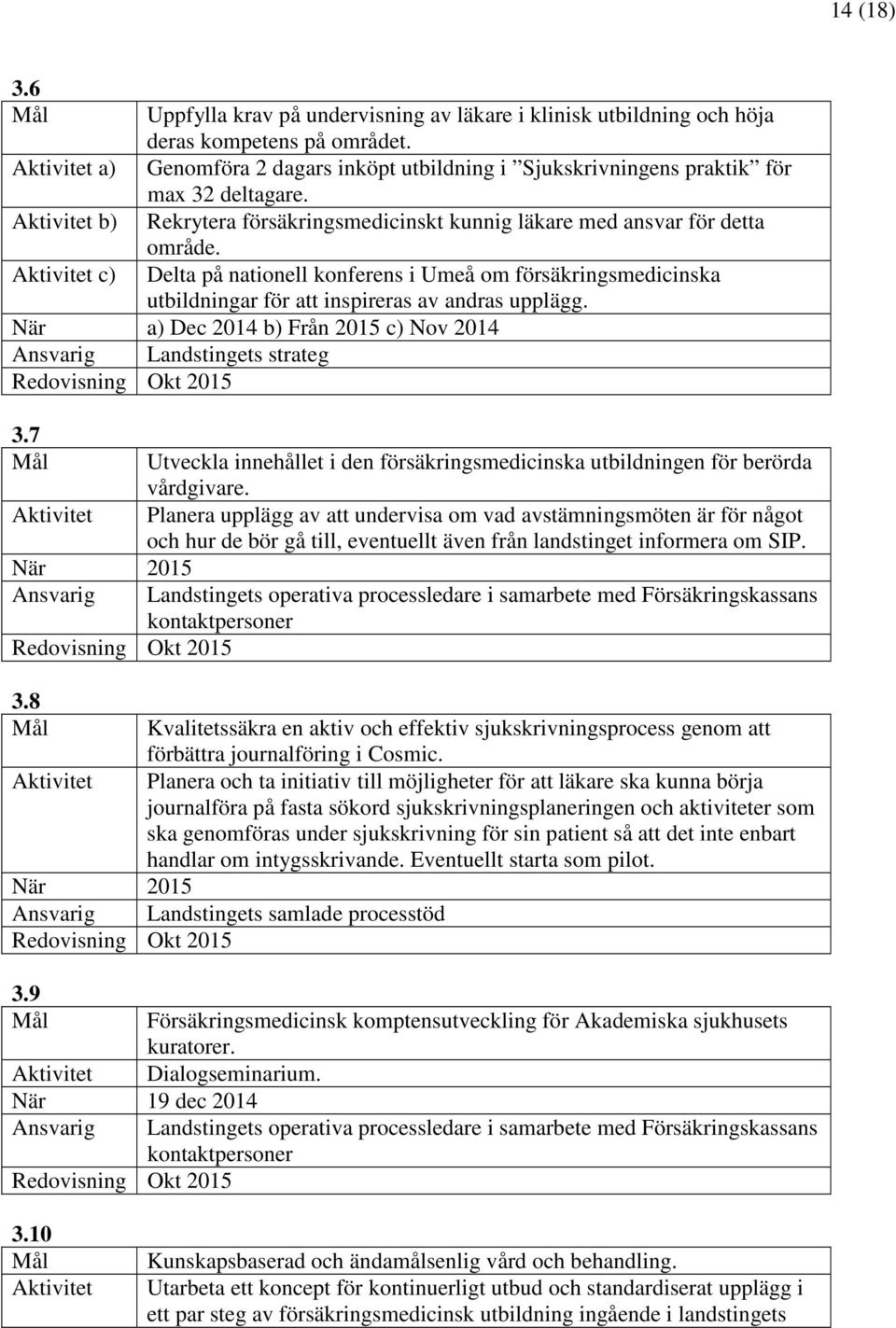 Aktivitet c) Delta på nationell konferens i Umeå om försäkringsmedicinska utbildningar för att inspireras av andras upplägg. När a) Dec 2014 b) Från 2015 c) Nov 2014 Ansvarig Landstingets strateg 3.