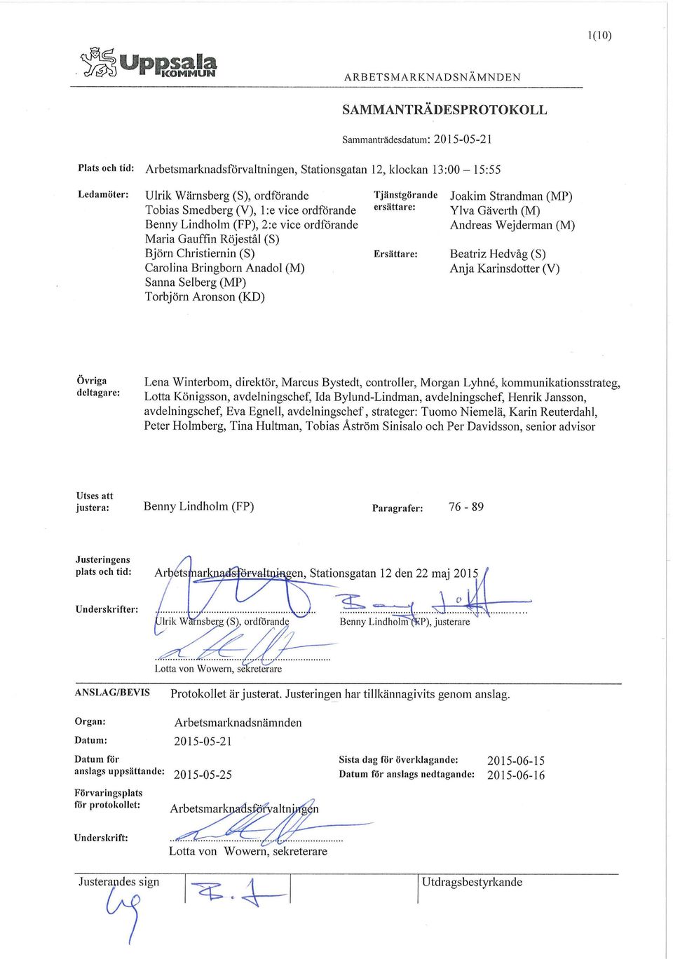 ersättare: Ersättare: Joakim Strandman (MP) Ylva Gäverth (M) Andreas Wejderman (M) Beatriz Hedvåg (S) Anja Karinsdotter (V) Övriga deltagare: Lena Winterbom, direktör, Marcus Bystedt, controller,