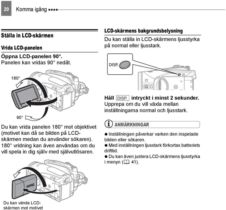 180 90 Du kan vrida panelen 180 mot objektivet (motivet kan då se bilden på LCDskärmen medan du använder sökaren).