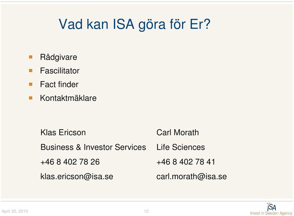 Klas Ericson Business & Investor Services +46 8 402