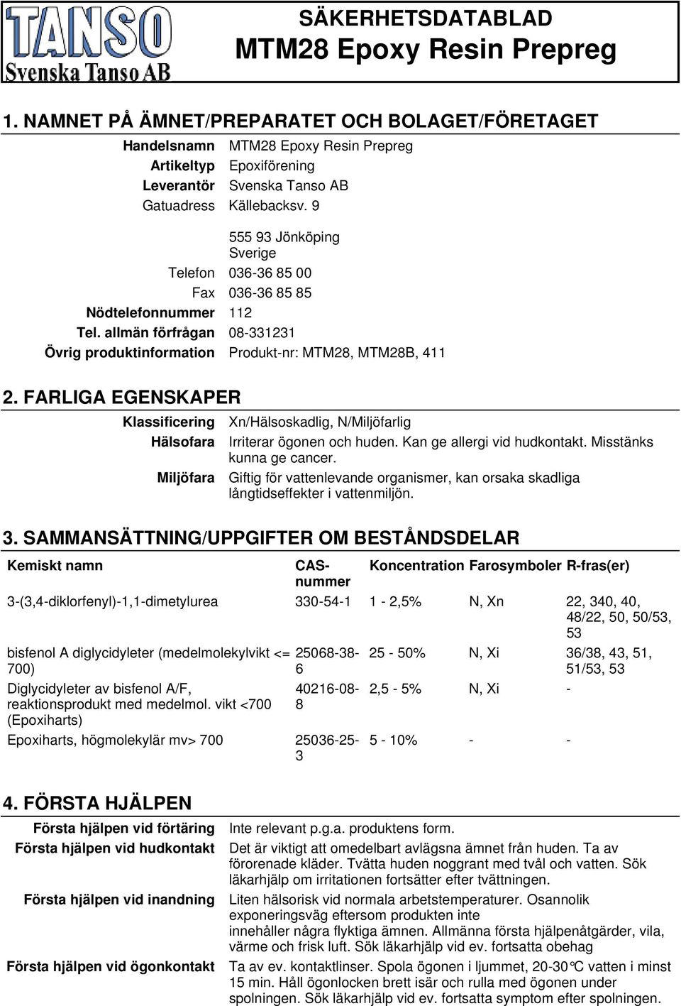 9 555 93 Jönköping Sverige Telefon 036-36 85 00 Fax 036-36 85 85 Nödtelefonnummer 112 Tel. allmän förfrågan 08-331231 Övrig produktinformation Produkt-nr: MTM28, MTM28B, 411 2.