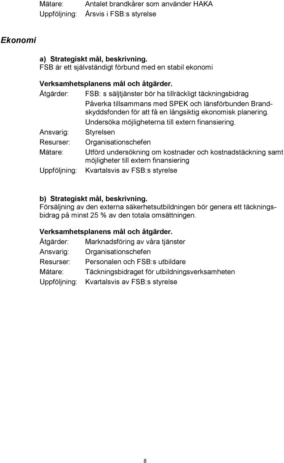 långsiktig ekonomisk planering. Undersöka möjligheterna till extern finansiering.