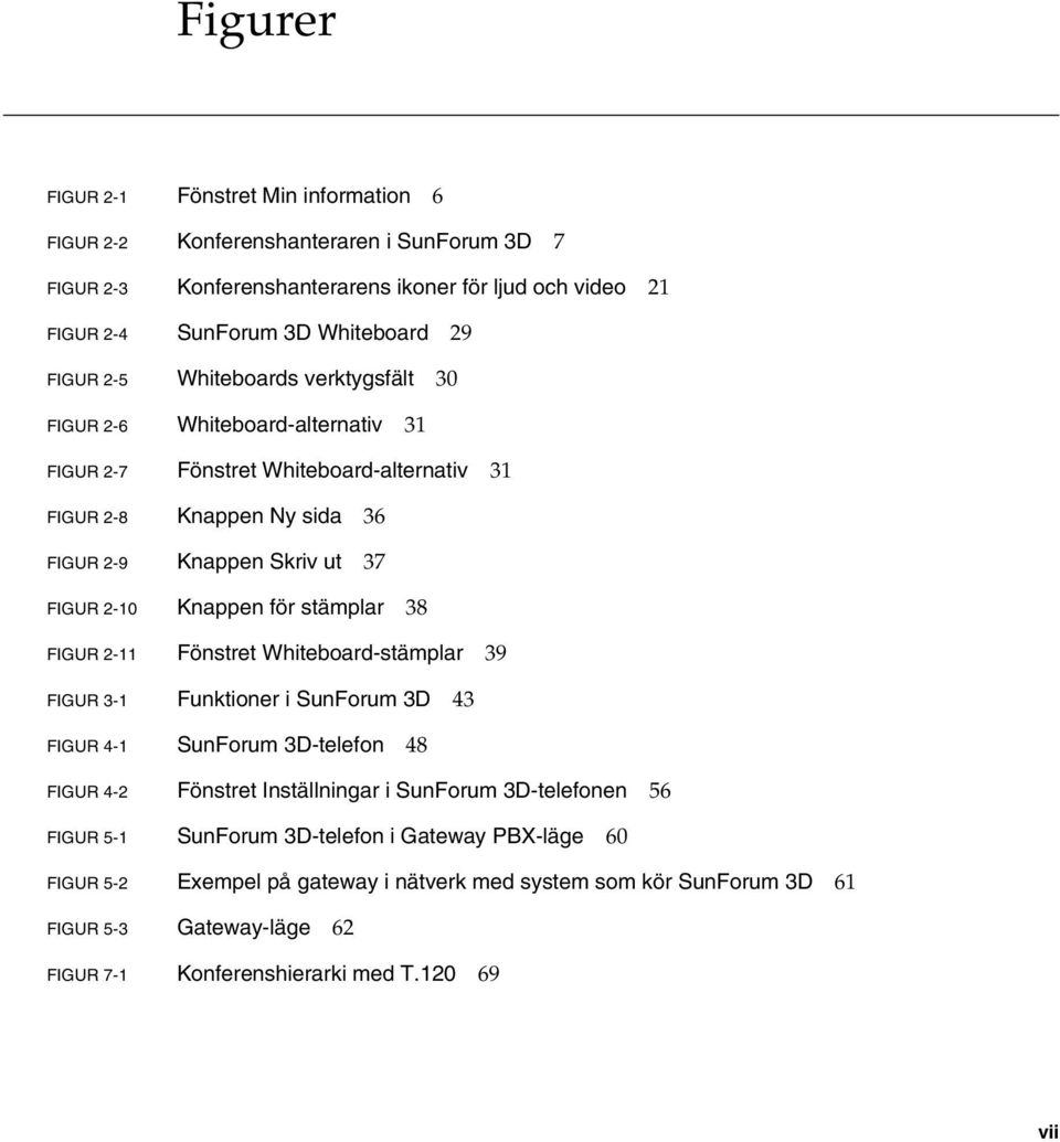 Knappen för stämplar 38 FIGUR 2-11 Fönstret Whiteboard-stämplar 39 FIGUR 3-1 Funktioner i SunForum 3D 43 FIGUR 4-1 SunForum 3D-telefon 48 FIGUR 4-2 Fönstret Inställningar i SunForum