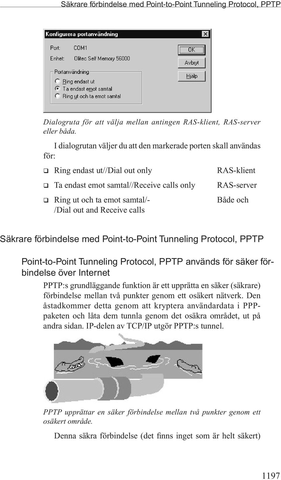 calls RAS-klient RAS-server Både och Säkrare förbindelse med Point-to-Point Tunneling Protocol, PPTP Point-to-Point Tunneling Protocol, PPTP används för säker förbindelse över Internet PPTP:s