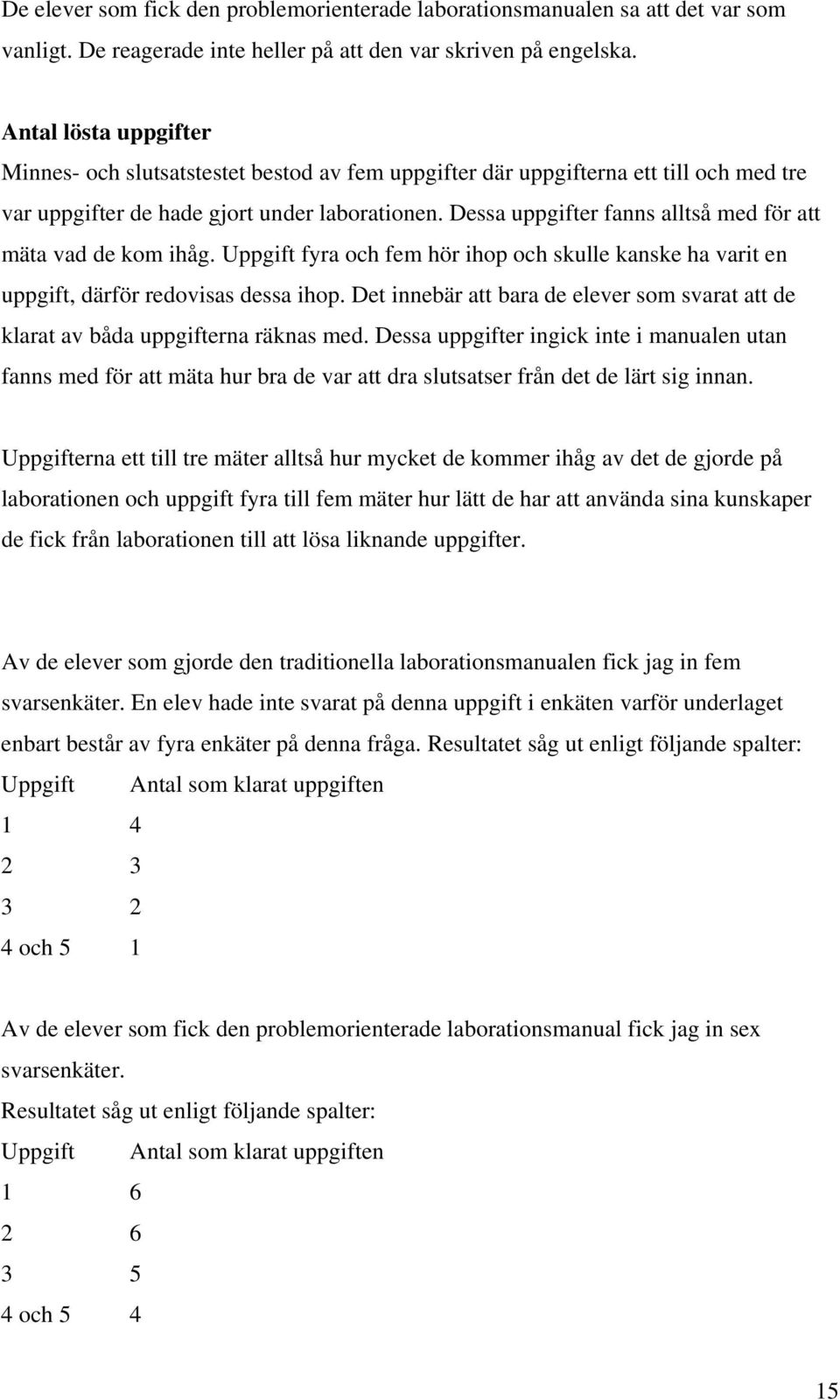 Dessa uppgifter fanns alltså med för att mäta vad de kom ihåg. Uppgift fyra och fem hör ihop och skulle kanske ha varit en uppgift, därför redovisas dessa ihop.