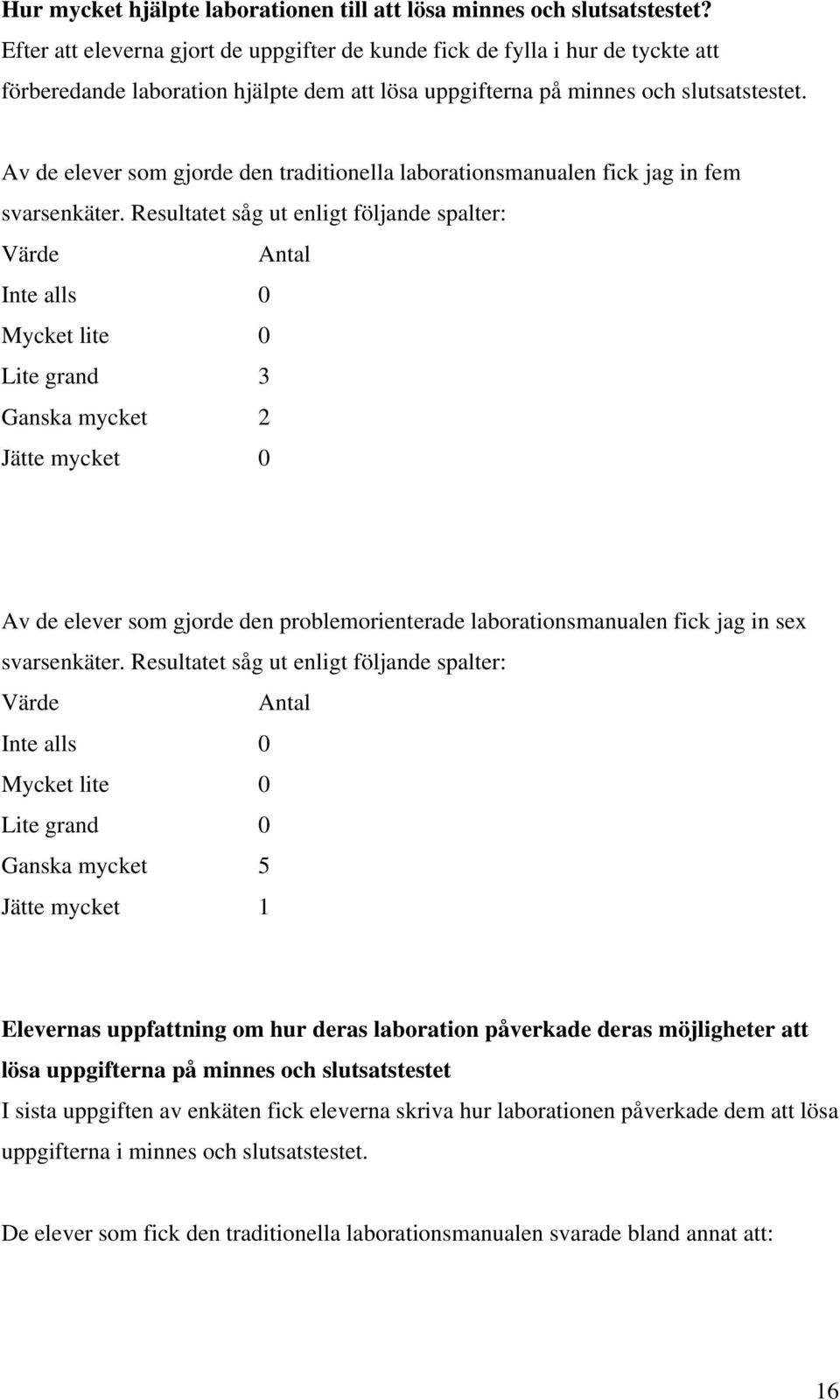 Av de elever som gjorde den traditionella laborationsmanualen fick jag in fem svarsenkäter.