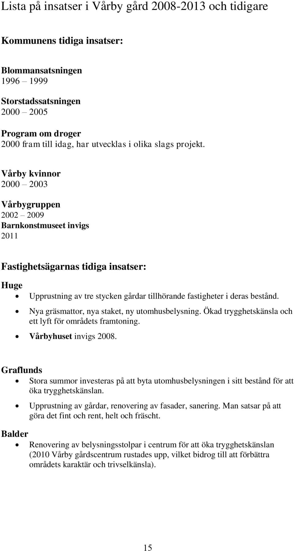 Vårby kvinnor 2000 2003 Vårbygruppen 2002 2009 Barnkonstmuseet invigs 2011 Fastighetsägarnas tidiga insatser: Huge Upprustning av tre stycken gårdar tillhörande fastigheter i deras bestånd.