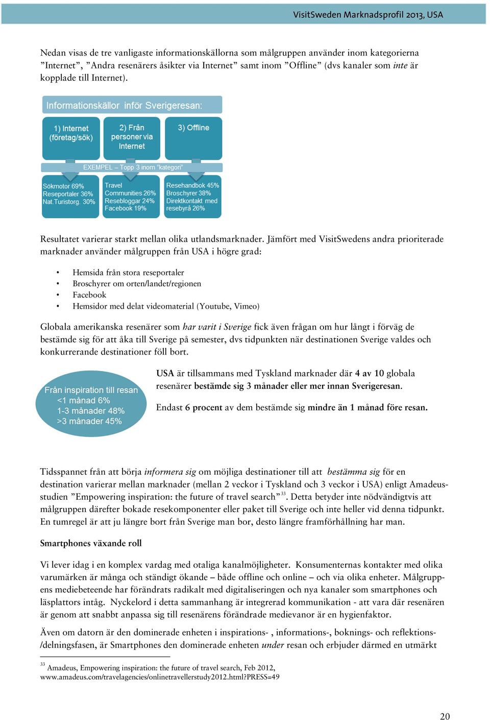 Jämfört med VisitSwedens andra prioriterade marknader använder målgruppen från USA i högre grad: Hemsida från stora reseportaler Broschyrer om orten/landet/regionen Facebook Hemsidor med delat