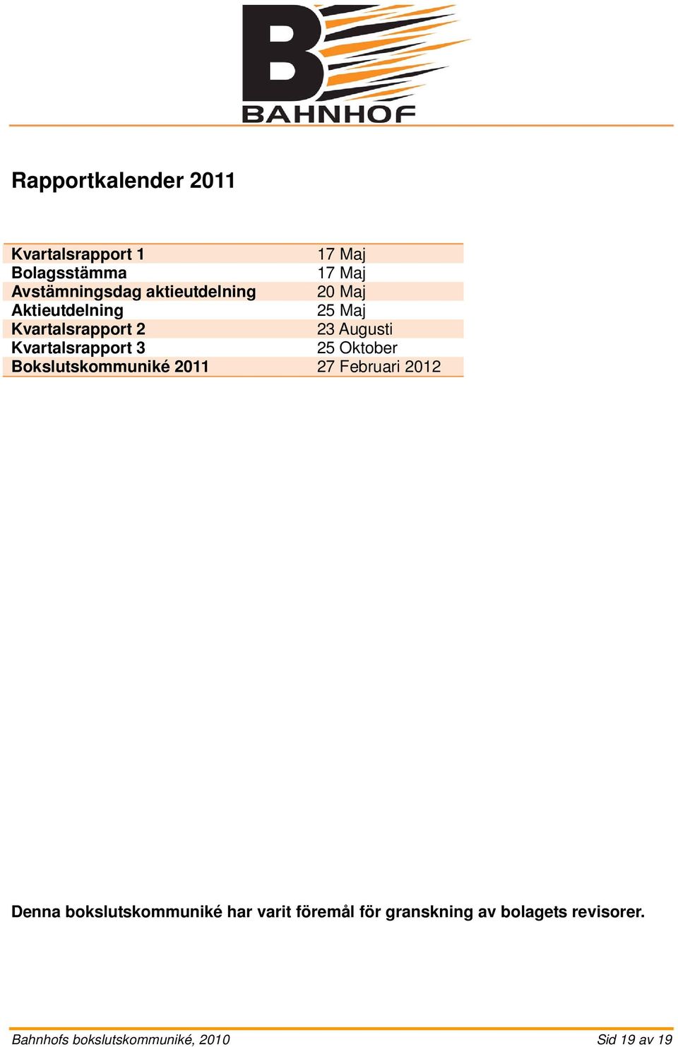 Kvartalsrapport 3 25 Oktober Bokslutskommuniké 2011 27 Februari 2012 Denna