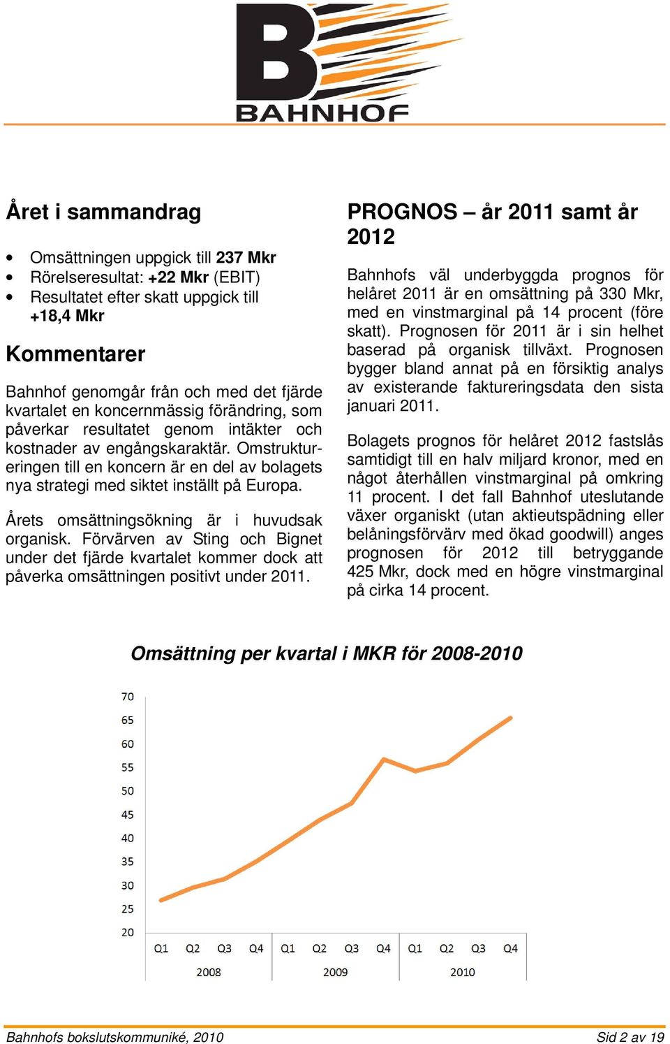 Årets omsättningsökning är i huvudsak organisk. Förvärven av Sting och Bignet under det fjärde kvartalet kommer dock att påverka omsättningen positivt under 2011.