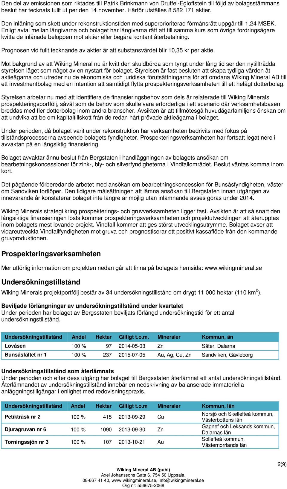 Enligt avtal mellan långivarna och bolaget har långivarna rätt att till samma kurs som övriga fordringsägare kvitta de inlånade beloppen mot aktier eller begära kontant återbetalning.