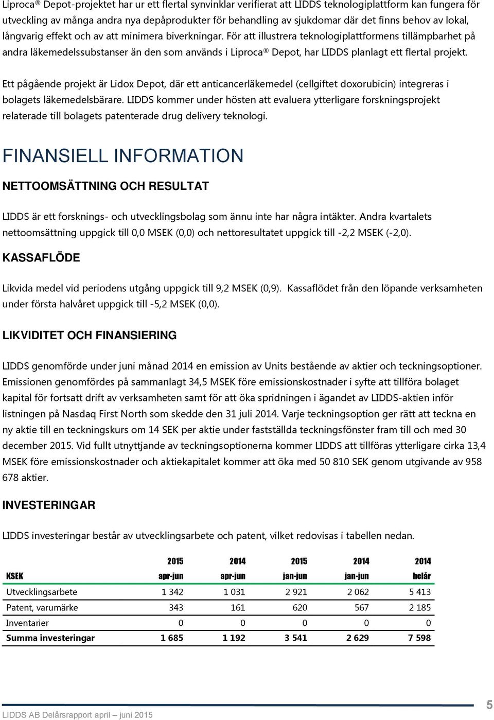 För att illustrera teknologiplattformens tillämpbarhet på andra läkemedelssubstanser än den som används i Liproca Depot, har LIDDS planlagt ett flertal projekt.