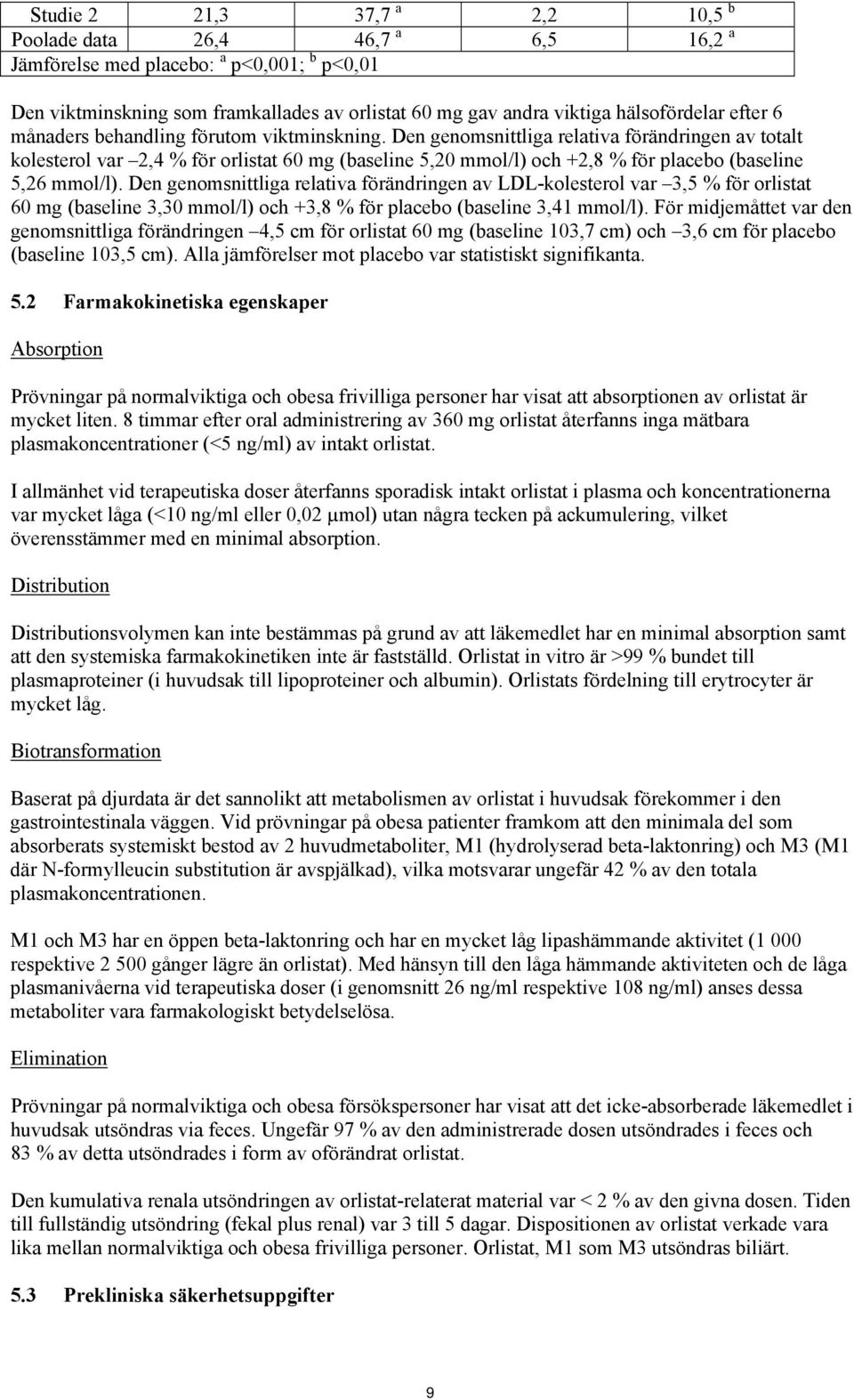 Den genomsnittliga relativa förändringen av totalt kolesterol var 2,4 % för orlistat 60 mg (baseline 5,20 mmol/l) och +2,8 % för placebo (baseline 5,26 mmol/l).