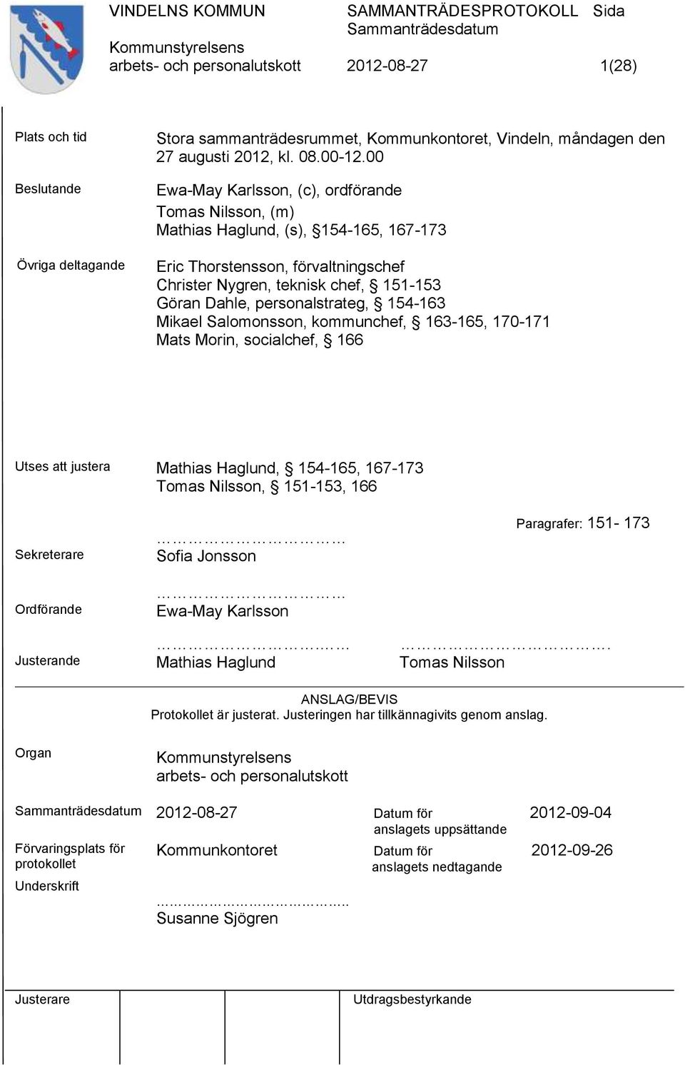 154-163 Mikael Salomonsson, kommunchef, 163-165, 170-171 Mats Morin, socialchef, 166 Utses att justera Mathias Haglund, 154-165, 167-173 Tomas Nilsson, 151-153, 166 Sekreterare Ordförande Sofia