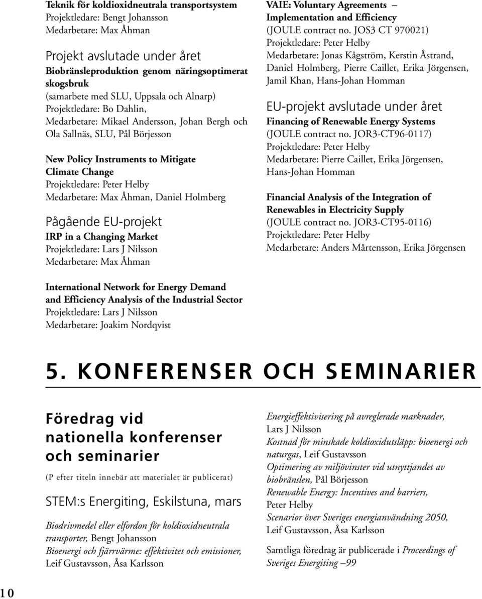 Peter Helby Medarbetare: Max Åhman, Daniel Holmberg Pågående EU-projekt IRP in a Changing Market Projektledare: Lars J Nilsson Medarbetare: Max Åhman VAIE: Voluntary Agreements Implementation and