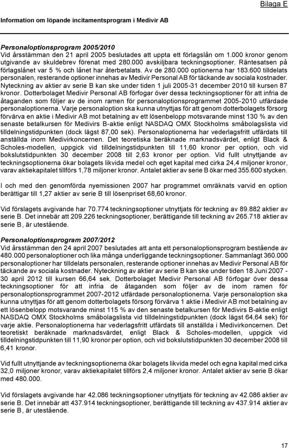 600 tilldelats personalen, resterande optioner innehas av Medivir Personal AB för täckande av sociala kostnader.